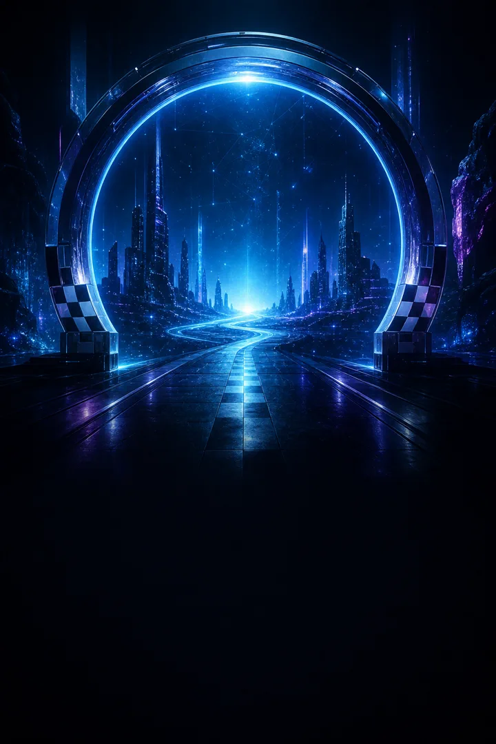 Portal futurista simbolizando o início da jornada com inteligência artificial