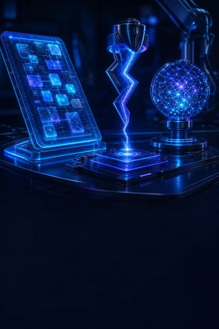 Bancada futurista com ferramentas de criação assistidas por IA