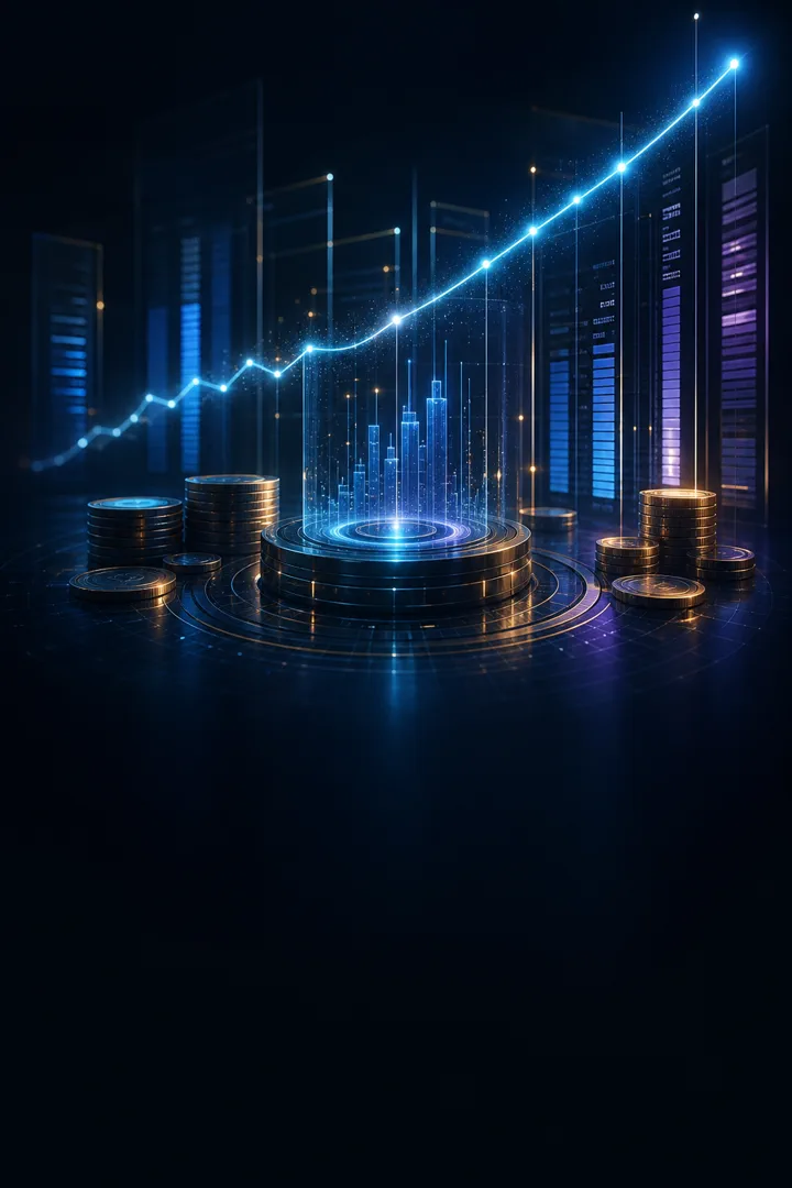 Painel financeiro futurista com gráfico de crescimento
